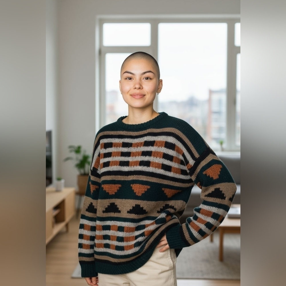 Autumn Coloured Cozy Multicolor Striped Sweater Handknitted Size L